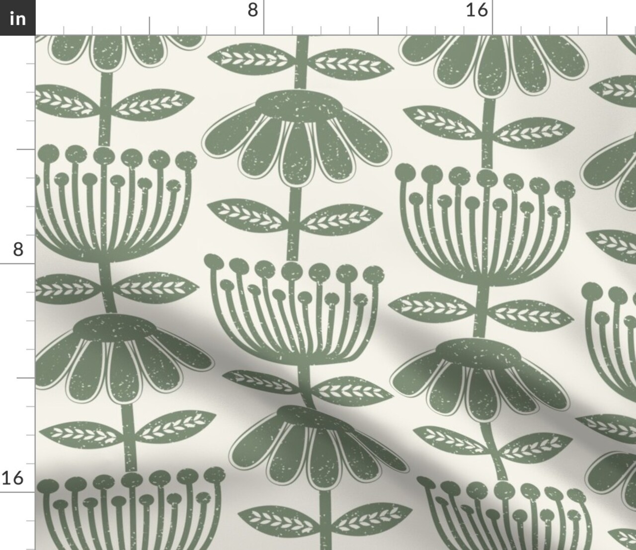 Scandi Flowers Green Hand Drawn Floral Scandinavian Folk Art Cottagecore Farmhouse Custom Printed Fabric by Spoonflower Various Fabrics by the Yard or Fat Quarter